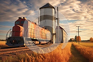 grain elevator with a train passing by, emphasizing transportation