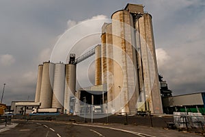 Grain elevators at the British port of Southampton, Hampshire United Kingdom