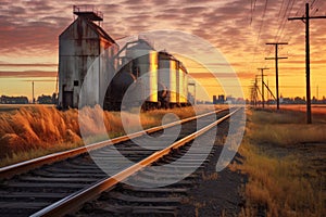 grain elevators with train tracks and freight cars