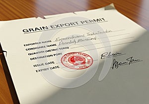 Grain export permit featuring blank spaces for exporter's name, consignee, quantity, destination