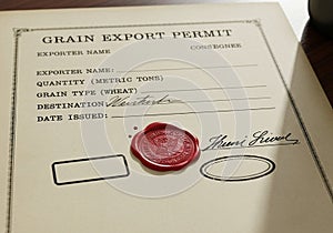 A grain export permit form featuring fields for exporter details, quantity in metric tons, grain