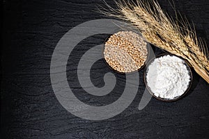 Grain, flour and wheat spikelets. Top view. Copy space