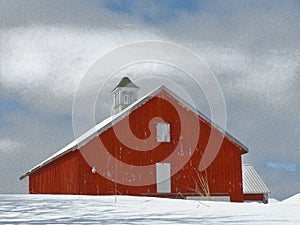 Grain illustration of Antique Red barn with cupola in country