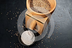 Grain mill on a black table