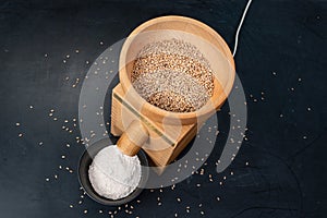 Grain mill on a black table