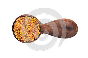 Grain mustard sauce in wooden spoon, isolated on white background. Mustard beans. Top view.