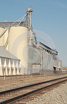 Grain processing plant with railroad tracks