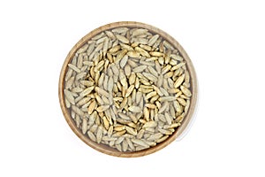 Grain rye malt in a wooden container