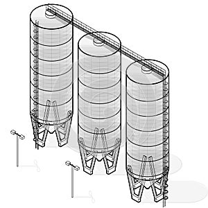 Grain silo, isometric wire building infographic on white background.