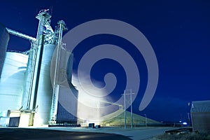 Grain silo at night