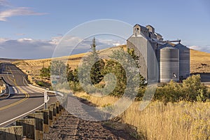 Grain silos and landscape in Dufur Oregon