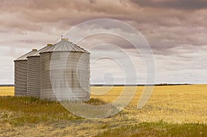 Grain silos sitting on a field