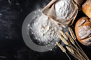 Grain sprinkled flour sits on a table next to a bowl of wheat and a bowl of oats