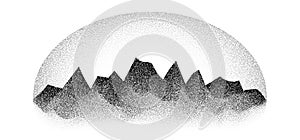 Grain stippled mountain range. Dotted landscape terrain silhouette. Black white grainy hill chain. Grunge noise