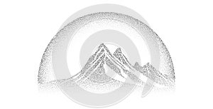 Grain stippled mountain range. Dotted landscape terrain silhouette. Black white grainy hill chain. Grunge scenery