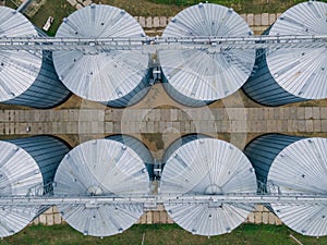 Grain storage in large silos aerial view. Silo with grain