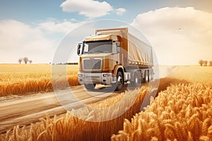 Grain Truck Drives On Rural Road Near Rye Field