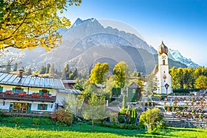 Grainau Church at golden autumn and Zugspitze, Garmisch Partenkirchen, Germany