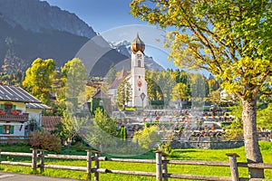 Grainau Church at golden autumn and Zugspitze, Garmisch Partenkirchen, Germany