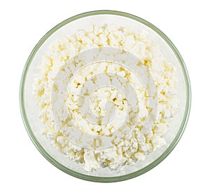 Grained defatted cottage cheese in transparent glass bowl on white