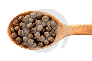 Grains of allspice on wooden spoon isolated on white background.