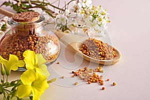 Grains of bee pollen in jar and wooden spoon elevated