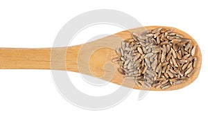 Grains over wooden bamboo spoon. Isolated, White background.