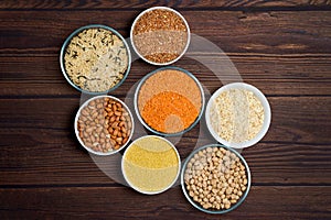 Grains red lentils, basmati rice, buckwheat, chickpeas, millet in plates. organic healthy cereals. on a wooden background. natural