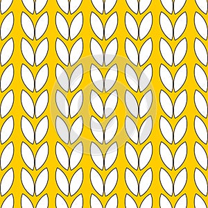 Grains of rice or wheat on a yellow background. Seamless cute pattern with white leaves.