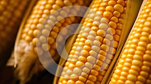 Grains of ripe corn. Close up view of fresh corn cobs. Generative AI