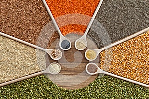 Grains, seeds and cereals variety on the table