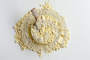 Gram flour made of chickpeas on white background