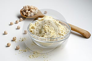 Gram flour made of chickpeas on white background