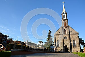 Gramado, Rio Grande do Sul, Brazil - 19.11. 2019: Facade of the St. Peter`s Church Catedral de Pedra of the city of Gramado.