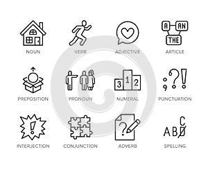 Grammar, education flat line icons set. Parts of speech verb, preposition, pronoun, adjective, interjection vector