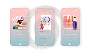 Grammar Examination Mobile App Page Onboard Screen Template. Tiny Characters Correct Mistakes and Errors