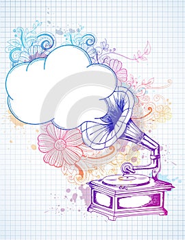 Gramophone on abstract floral background