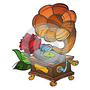 Gramophone. Ancient musical instrument. Vintage household items. Cartoon drawing for gaming mobile applications