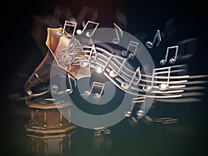 Gramophone with golden notes. Music art background.