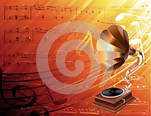Gramophone on musical background photo