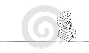 Gramophone one line art. Continuous line drawing of listen, instrument, volume, music, record, retro, vintage, vinyl