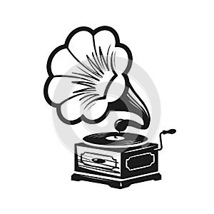 Gramophone, phonograph logo or label. Record player icon. Music concept vector illustration