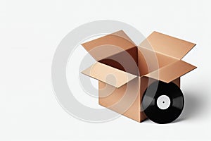 A gramophone record against the background of an empty box. Place for text.