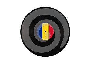 Gramophone record with the flag of Romania. Romanian music. Vinyl record with the flag of Romania, on a white background, isolated