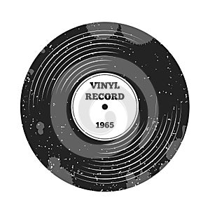 Gramophone vinyl LP record. Radio, rock'n'roll. Music sound. DJ retro music. Vinyl record. Label and badge