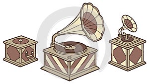 Gramophones on Display, Evolution of Sound Technology, vector design Generative AI