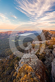 Grampians National Park mountains with lake Bellfield viewed from Pinnacle lookout