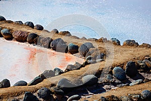 Salinas de Tenefe salt evaporation ponds, southeastern part of the island, pink color created by Dunaliella salina photo