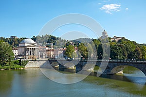 Gran Madre di Dio church in Turin, Po river and Cappuccini mount in a sunny day in Italy