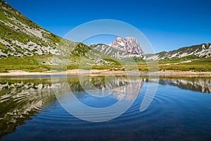 Gran Sasso mountain lake reflection, Apennine Mountains, Abruzzo, Italy